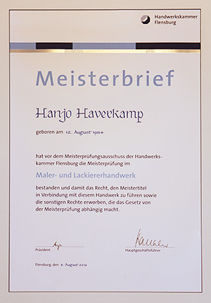 Meisterbrief, Maler- und Lackiererhandwerk, Hanjo Haverkamp zum 